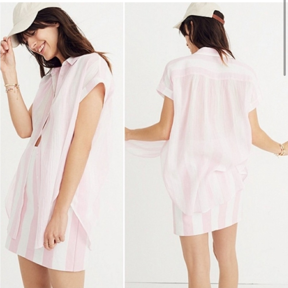 Madewell SET 🩷 Central Tunic In Cara Pink Stripe Button Down Top AND Skirt